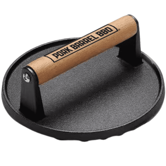 Pork Barrel BBQ Round Cast Iron Smash Burger Press - Heavy Duty Burger Smasher & Bacon Press with Wood Handle for Blackstone Griddle Accessories