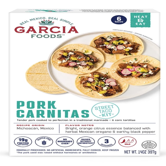 Garcia Foods Pork Carnitas, Fully Cooked Frozen Entree, 14 oz Serves 4