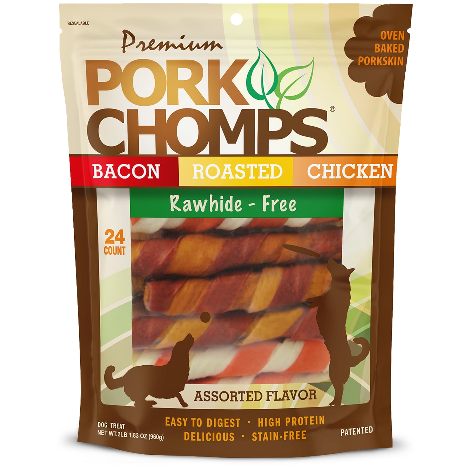 Pork Chomps Premium Rawhide-Free Pork Skin Twists for Dogs, Assorted Flavors, 6 Inch, 24 Count