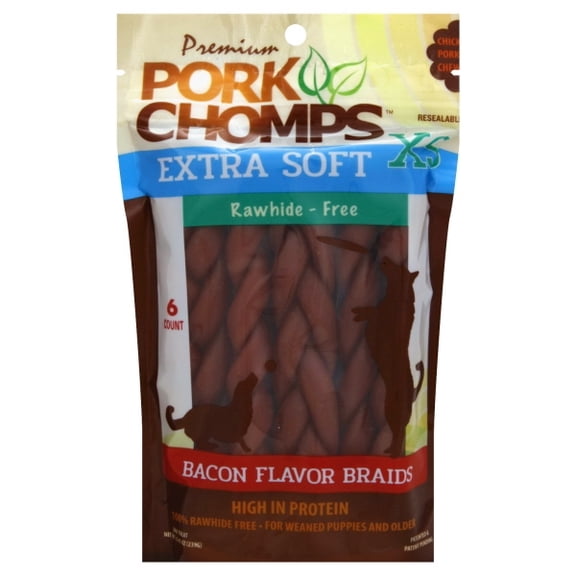 Pork Chomps Bacon Flavor Braids Extra-Soft Dog Treats, 6-Count (1 Pack)