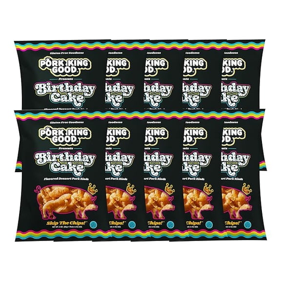 Pork King Good Birthday Cake 3 oz Dessert Flavored Pork Rinds - (10 Pack) Sweet and Salty, Gluten Free Snacks