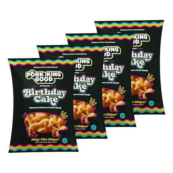 Pork King Good Birthday Cake 3 oz Dessert Flavored Pork Rinds - (4 Pack) Sweet and Salty, Gluten Free Snacks