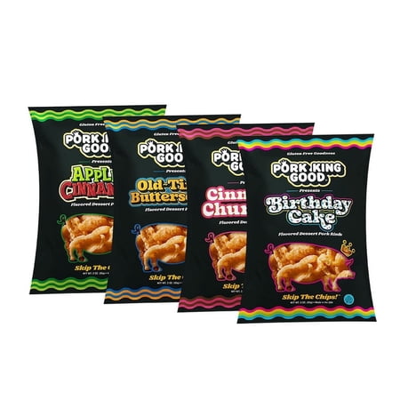 Pork King Good 4 Bag Variety Pack of Sweet & Salty Dessert Flavored Pork Rinds - 3 oz (Variety 4 Pack) Gluten Free Snacks