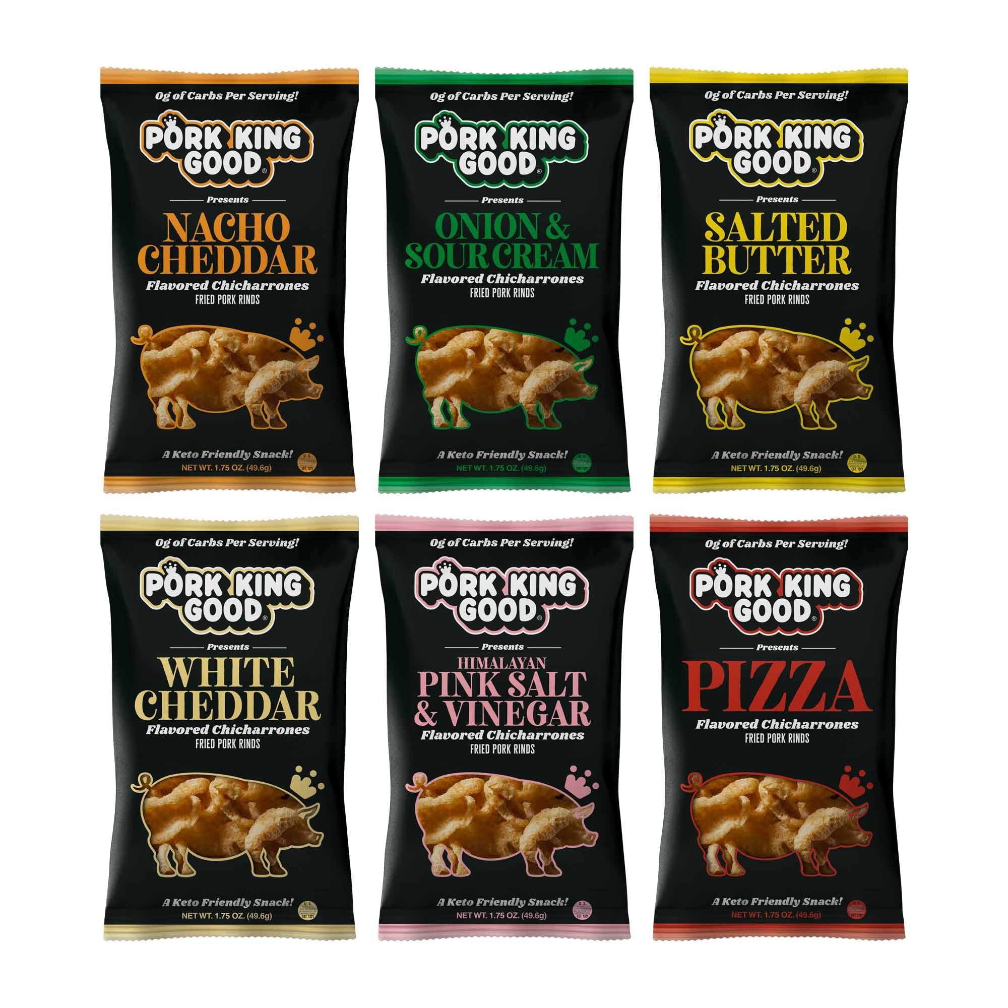 Pork King Good Pork Rinds Variety 6 Pack (Chicharrones)  Keto Friendly Snack
