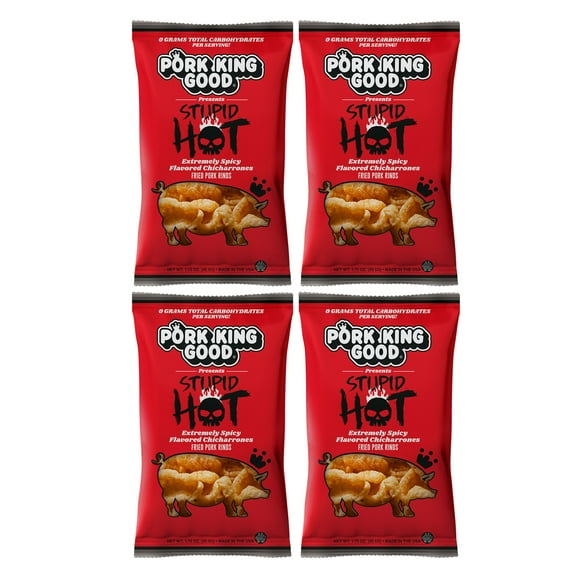 Pork King Good Stupid Hot Pork Rinds (Chicharrones) (4 Pack) Keto Friendly Snack