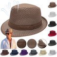 thumbnail image 1 of Pork Pie Hats for Men Breathable Mesh Straw Fedora Cap Retro Flat Top Sun Hat with Wide Brim for Summer Beach Outdoor Travel Unisex Lightweight Cool Protection Headwear,Gray, 1 of 3