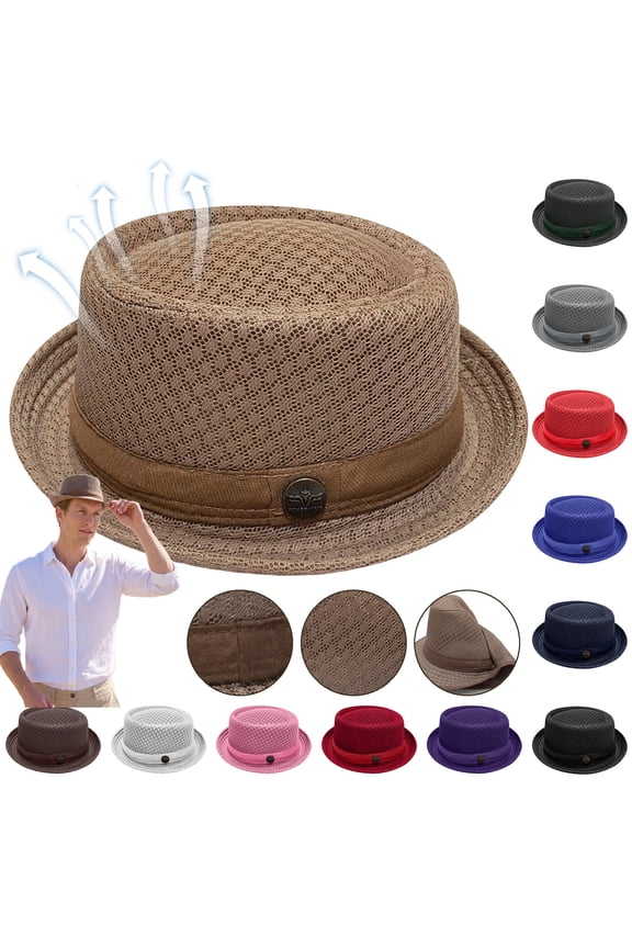 Pork Pie Hats for Men Breathable Mesh Straw Fedora Sun Hat with Retro Flat Top Design Lightweight Ventilated Summer Cap for Outdoor Travel Beach Casual Wear,Blue