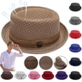 thumbnail image 1 of Pork Pie Hats for Men Summer Unisex Summer Breathable Mesh Pork Pie Hat Lightweight Retro Straw Sun Protection Fedora with Flat Top Short Brim for Beach Jazz Outdoor Daily Wear,Black, 1 of 4