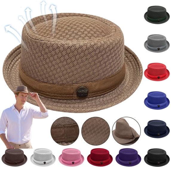 Pork Pie Hats for Men Summer Unisex Summer Breathable Mesh Pork Pie Hat Lightweight Retro Straw Sun Protection Fedora with Flat Top Short Brim for Beach Jazz Outdoor Daily Wear,Black