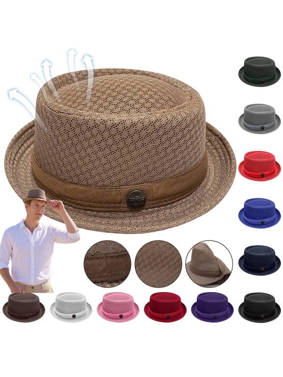 Pork Pie Hats for Men Summer Unisex Summer Breathable Mesh Pork Pie Hat Lightweight Retro Straw Sun Protection Fedora with Flat Top Short Brim for Beach Jazz Outdoor Daily Wear,Black