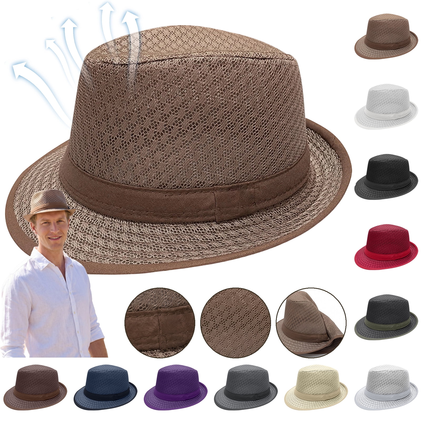 Straw Mesh Fedora Pork Pie Hat, Lightweight Summer Boater Beach Cap Summer Breathable Mesh Pork Pie Hat for Men Women, Fedora  main image 3