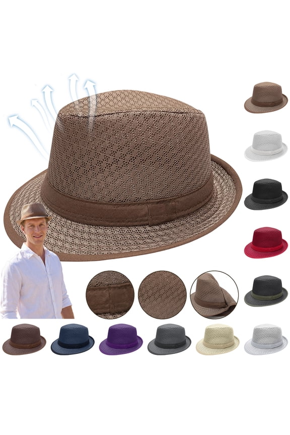 Pork Pie Hats for Women Men Summer Mesh Straw Fedora Boater Flat Top Sun Hat with Breathable Ventilation Lightweight Beach Party Outdoor Wear,Gray
