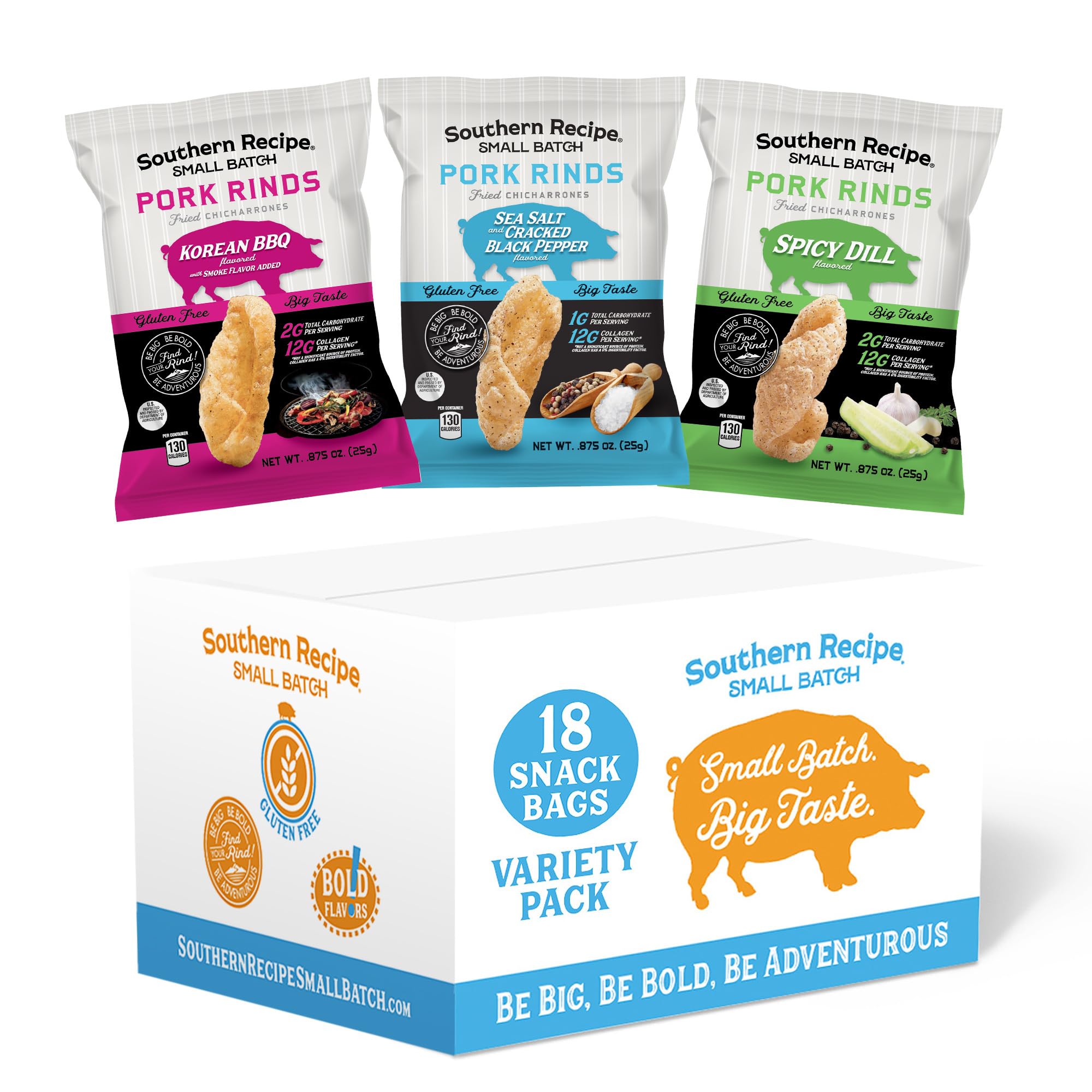 Pork Rinds Variety Pack OIF8 Salt & Pepper, Korean BBQ, & Spicy Dill