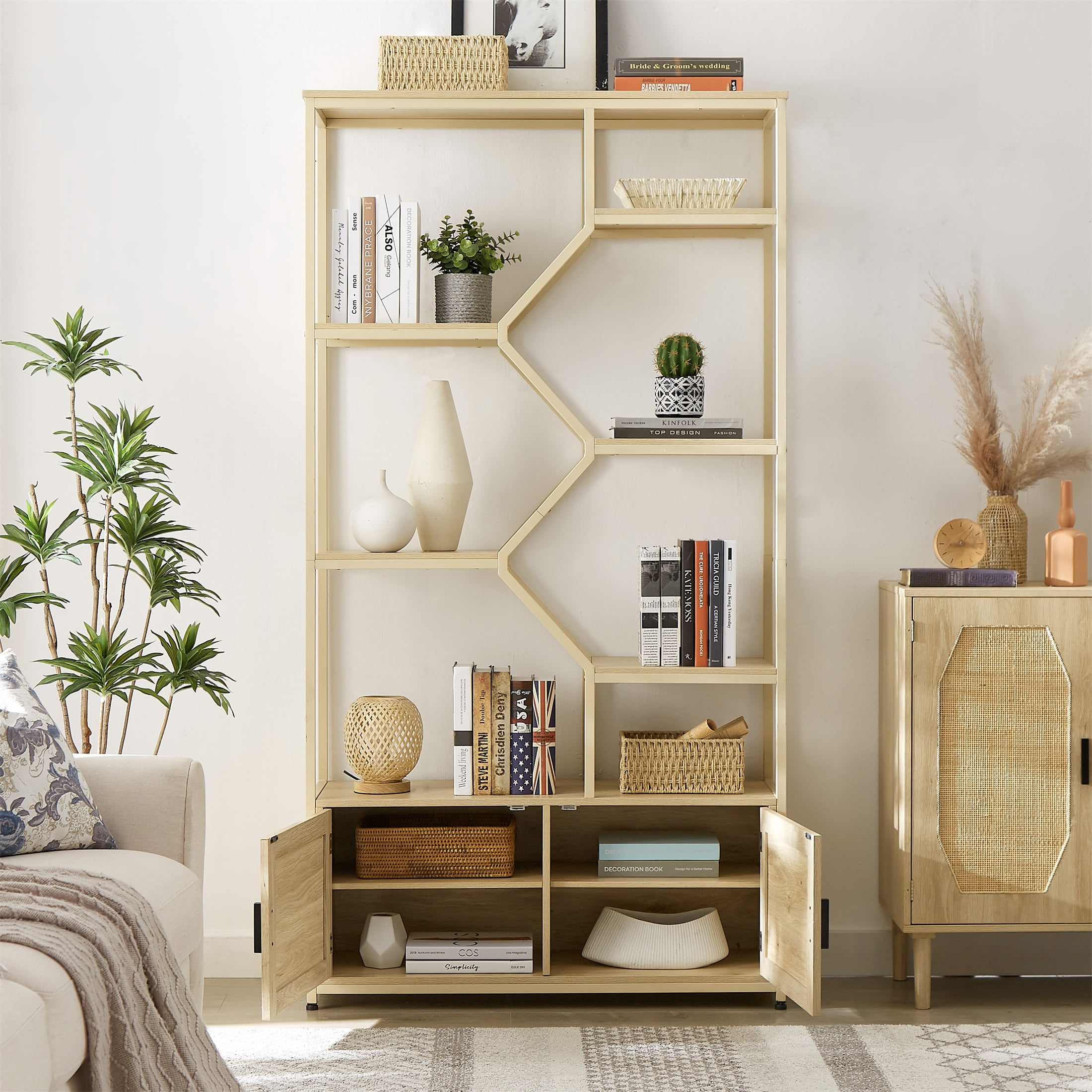 Porkiss Rattan 5-Tiers Storage Bookcases with Doors, Natural Finish