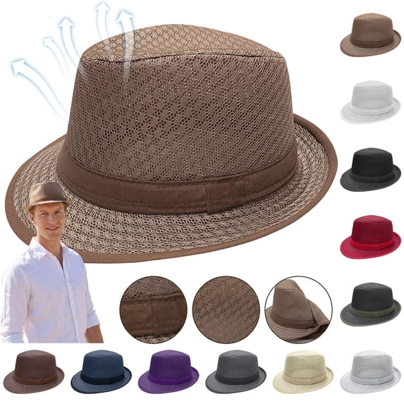 Porkpie Hat Unisex Summer Breathable Mesh Pork Pie Retro Straw Fedora Cap Bowler Flat Top Sun Protection for Men Women Lady,Purple