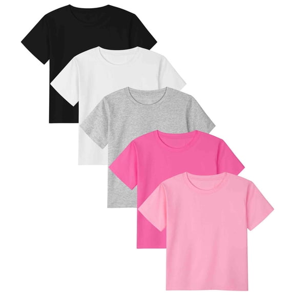 Poroka 5 Pack Toddlers Girls Cotton Short-Sleeve T-Shirt Summer Toddlers Girls Solid T-Shirt with Round Neck