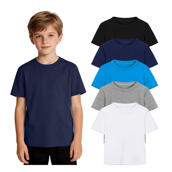 Poroka Boys 5-Pack Cotton T-Shirts Soft Short Sleeve Crew Neck Solid Basic Tees for School, Play, Everyday Wear