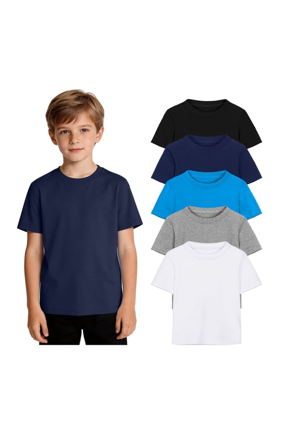 Boys 5-Pack Cotton T-Shirts Soft Short Sleeve Crew Neck Solid Basic Tees for School, Play, Everyday Wear