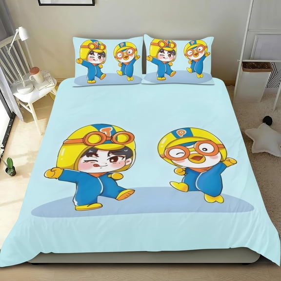 Pororo The Little Penguin Themed Bed Sheet Set Three Piece Set 53x79 Inches Comfortable And Skin Friendly Unique Design Creating A Star Studded Night