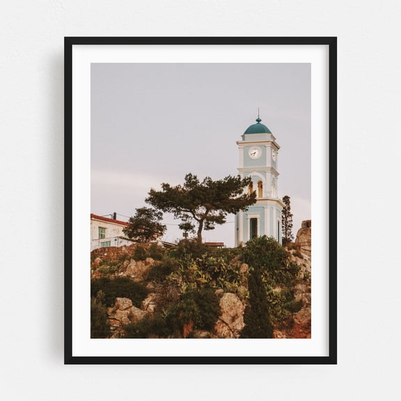Poros Clock Tower - Poros Greece Photography Architecture Scenic Landscape Vintage Mediterranean Black Framed Wall Art Print 6 x 8 inches
