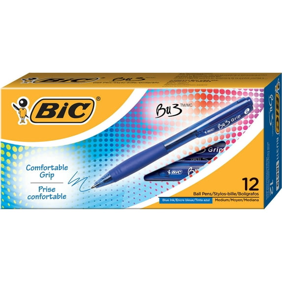 BIC® BU3 Grip Retractable Ballpoint Pens, Medium Point, 1.0 mm, Clear Barrel, Blue Ink, Pack Of 12