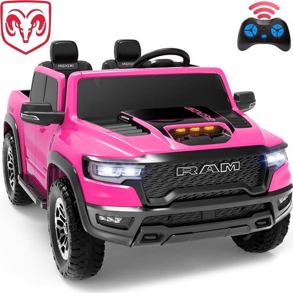 RAM 1500 24V Powered Ride on Cars for Kids, Extra large Real 2 Seat Ride on Toys with Remote Control, LED Light, MP3 Player, Electric Vehicles Ride on Truck for Boys Girls Gifts, Pink