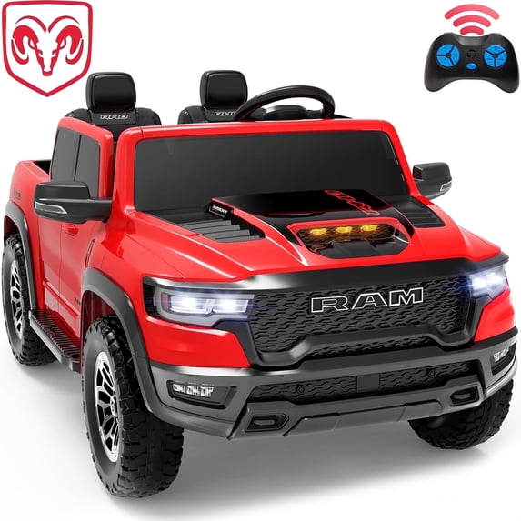 RAM 1500 24V Powered Ride on Cars for Kids, Extra large Real 2 Seat Ride on Toys with Remote Control, LED Light, MP3 Player, Electric Vehicles Ride on Truck for Boys Girls Gifts, Red