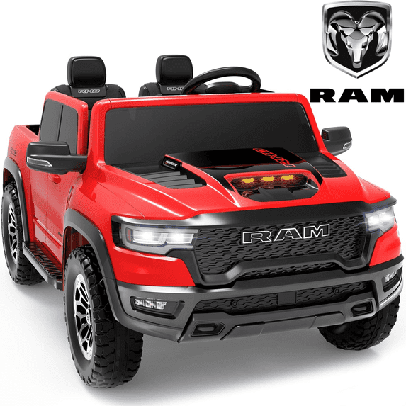 RAM 24V Ride on Cars for Kids, RAM 1500 RHO 2 Seat Battery Powered Ride on Toys with Remote Control, 4 Wheels Suspension Trunk, LED Light, MP3 Player, Electric Car for Kids Boy Girl Gift, Red