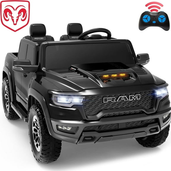 RAM 1500 24V Powered Ride on Cars for Kids, Extra large Real 2 Seat Ride on Toys with Remote Control, LED Light, MP3 Player, Electric Vehicles Ride on Truck for Boys Girls Gifts, Black