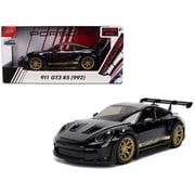 Porsche 911 992 GT3 RS Black with Carbon Top and Hood Stripes and Gold Wheels "Hyper-Spec" 1/24 Diecast Model Car by Jada
