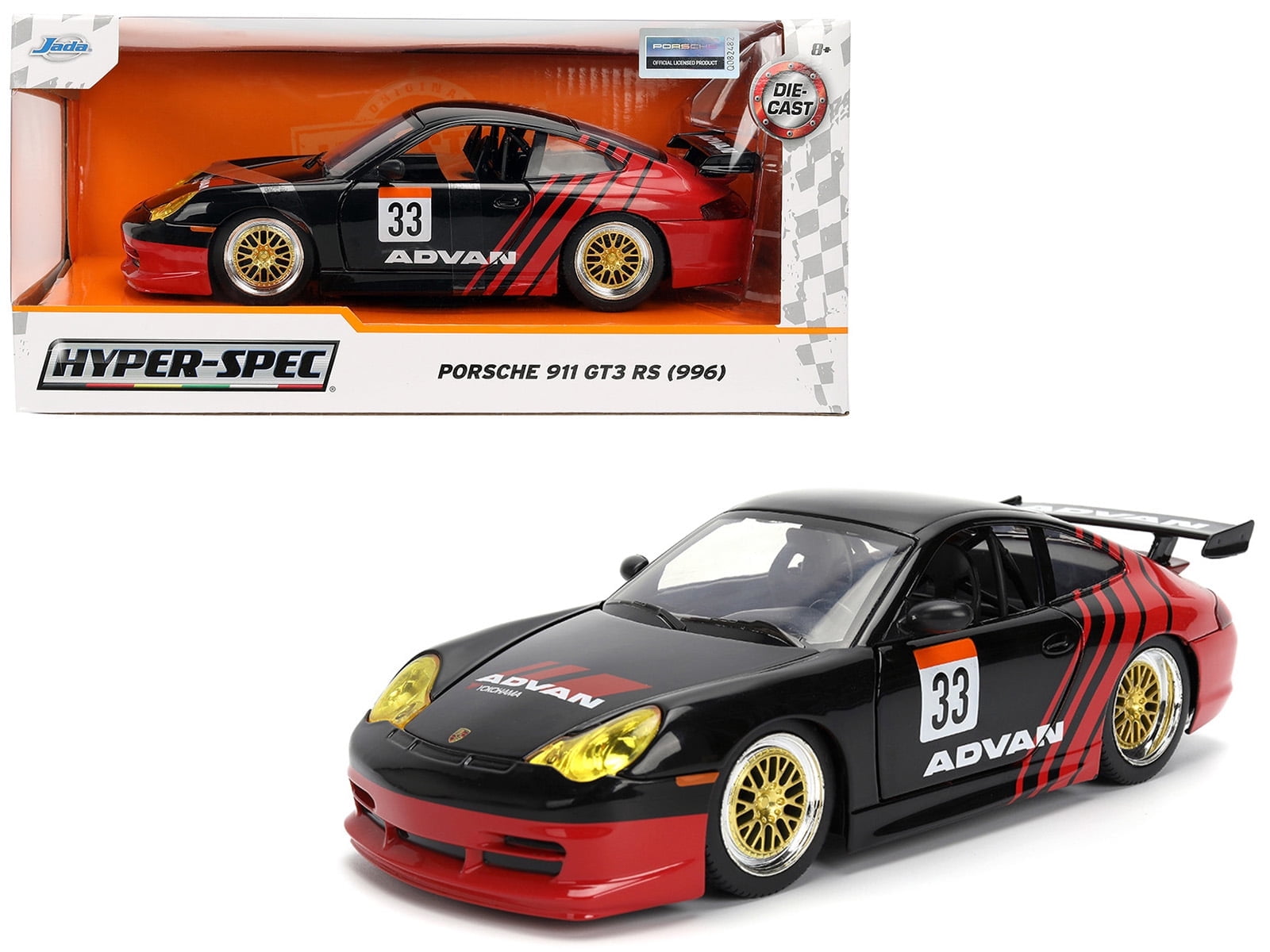 Jada Toys Hyper-Spec 1:24 Porsche 911 GT3 RS (996) Advan Die-Cast Car (Black/Red)
