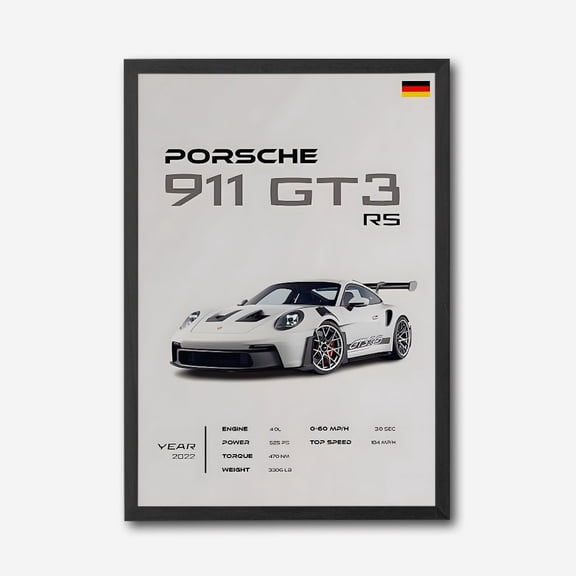 Porsche 911 GT3 RS Canvas Wall Art, Modern Supercar Artwork, Luxury Sports Car Poster, Automotive Decor for Home or Office, Black Frame, Gift for Car Enthusiasts