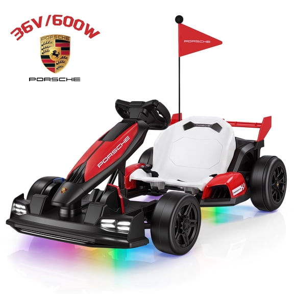 Licensed Porsche 36V Electric Go Kart for Kids, 600W Motor Powered Ride on Toys Drift Racing Kart for Ages 6-12, Adjustable Seat,LED Lights, 2 Speed Mode, Red