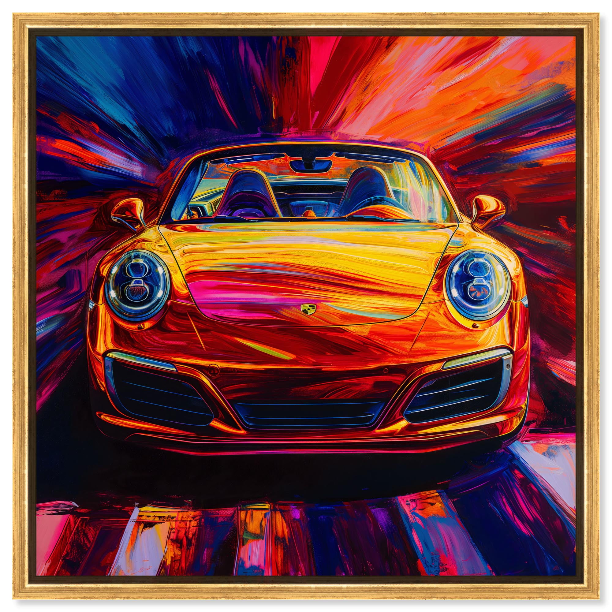 Porsche in Rainbow Canvas Graffiti Art by Art Remedy, Gold Frame