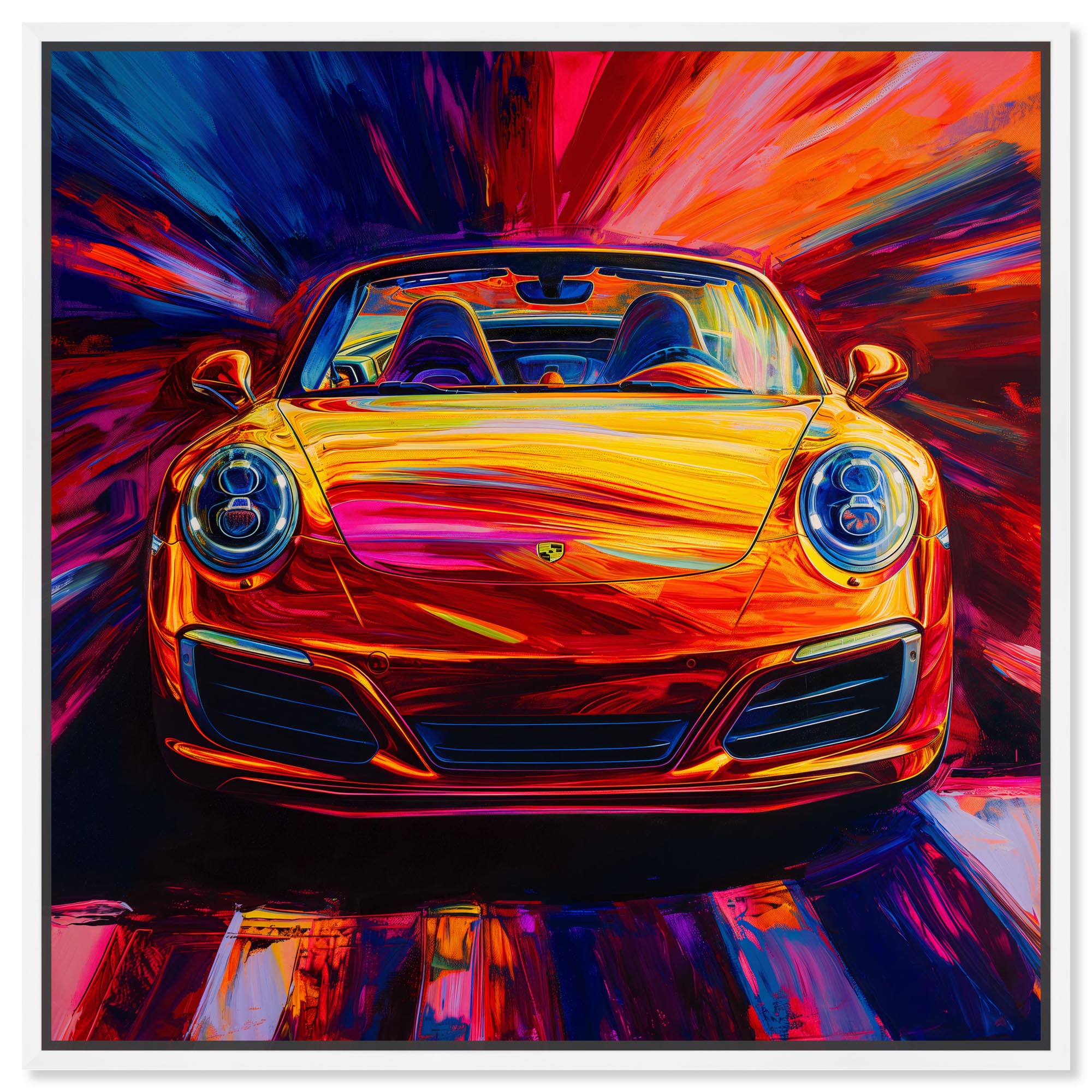 Porsche in Rainbow Canvas Graffiti Art by Art Remedy, Gold Frame