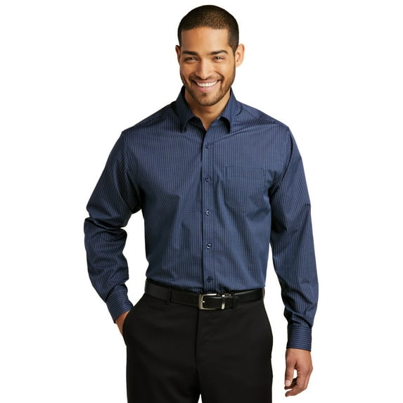 Port Authority 1182612 Micro Tattersall Easy Care Shirt, Navy & Heritage Blue - Small
