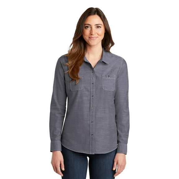 Port Authority Adult Female Women Chambray Long Sleeves Shirt True Navy X-Small
