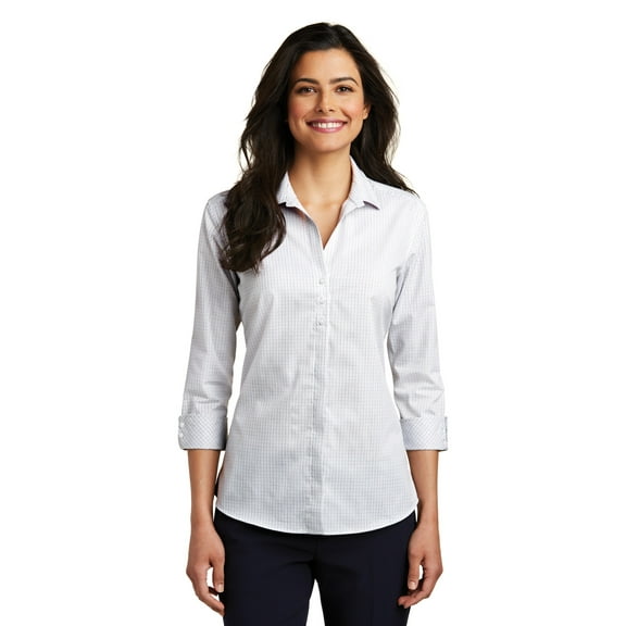 Port Authority Adult Female Women Check 3/4-Sleeve Shirt White/Dark Gry 4X-Large