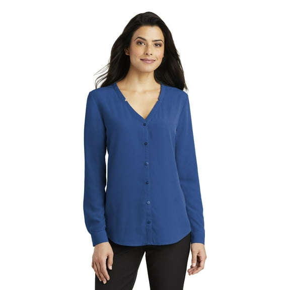 Port Authority Adult Female Women Plain Long Sleeves Blouse True Blue Medium