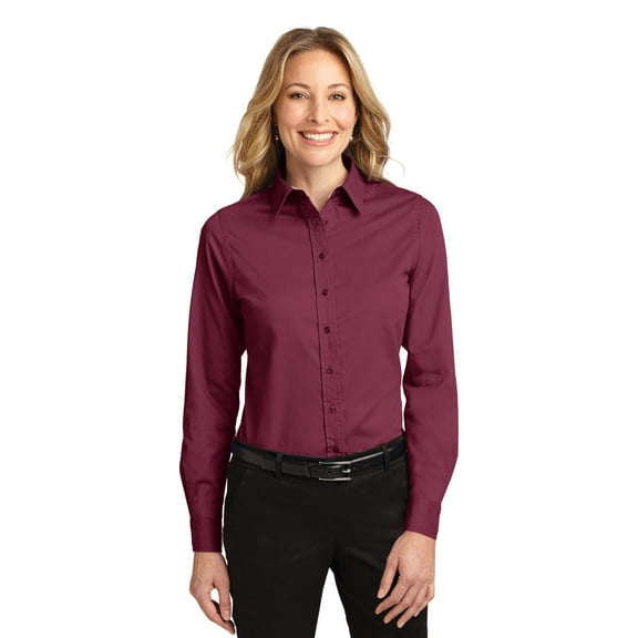 Port Authority Adult Female Women Plain Long Sleeves Shirt Burgundy/Lt St Small