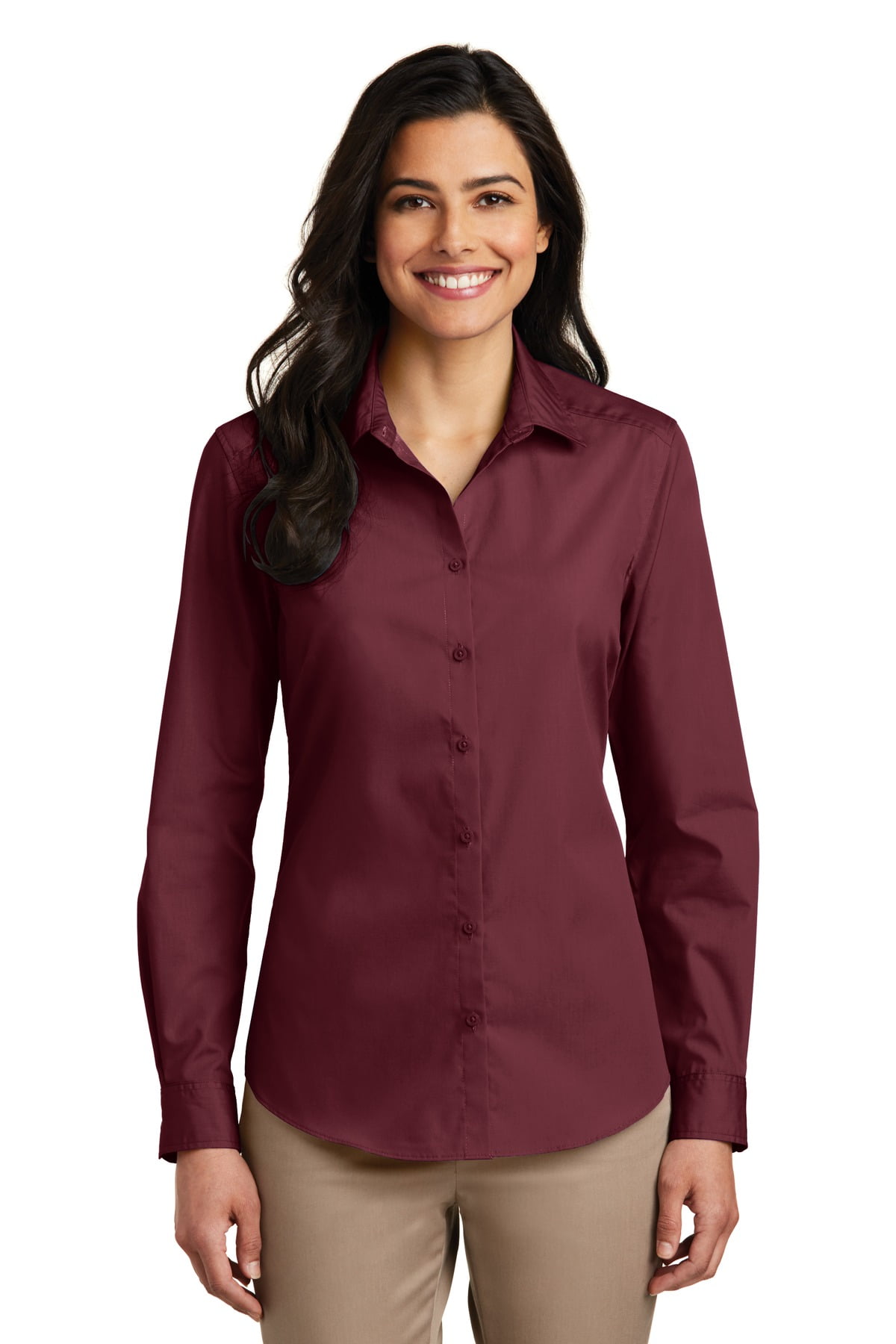 Port Authority Adult Female Women Plain Long Sleeves Shirt Burgundy Medium  