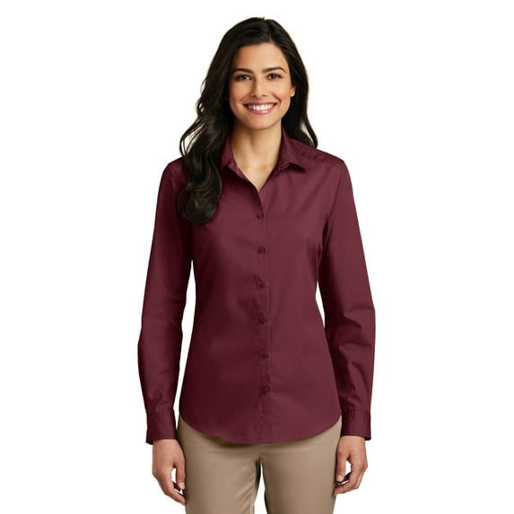 Port Authority Adult Female Women Plain Long Sleeves Shirt Burgundy Medium