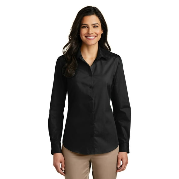 Port Authority Adult Female Women Plain Long Sleeves Shirt Deep Black Large