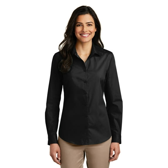 Port Authority Adult Female Women Plain Long Sleeves Shirt Deep Black Small