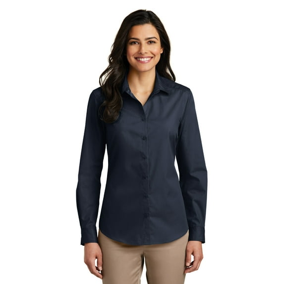 Port Authority Adult Female Women Plain Long Sleeves Shirt River Blue Nvy Large
