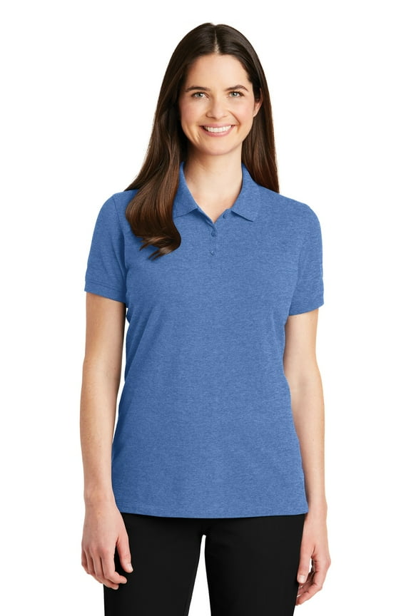 Adult Female Women Plain Short Sleeves Polo Blue Heather X-Small