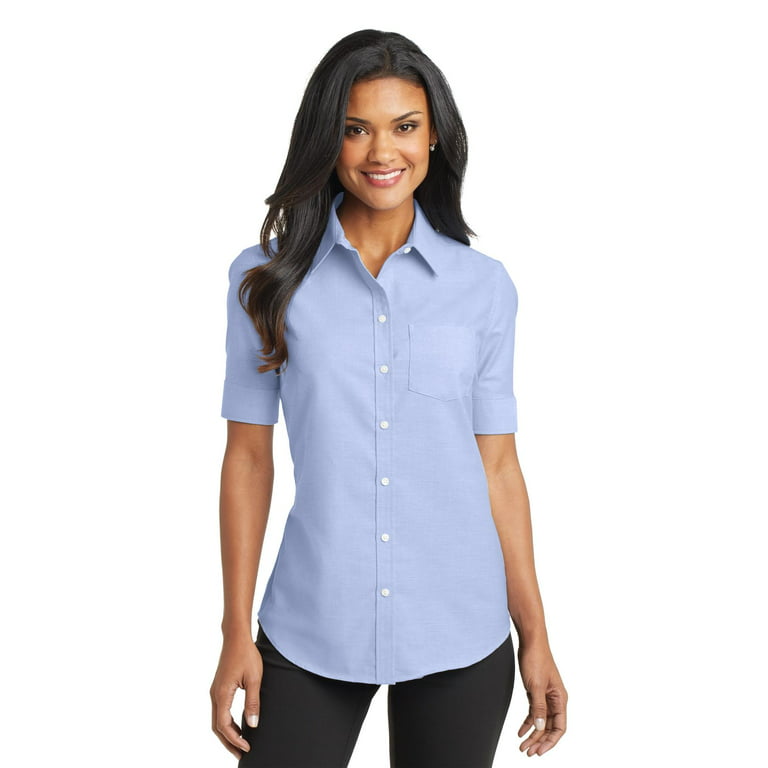 Port Authority Adult Female Women Plain Short Sleeves Shirt Oxford Blue  Small