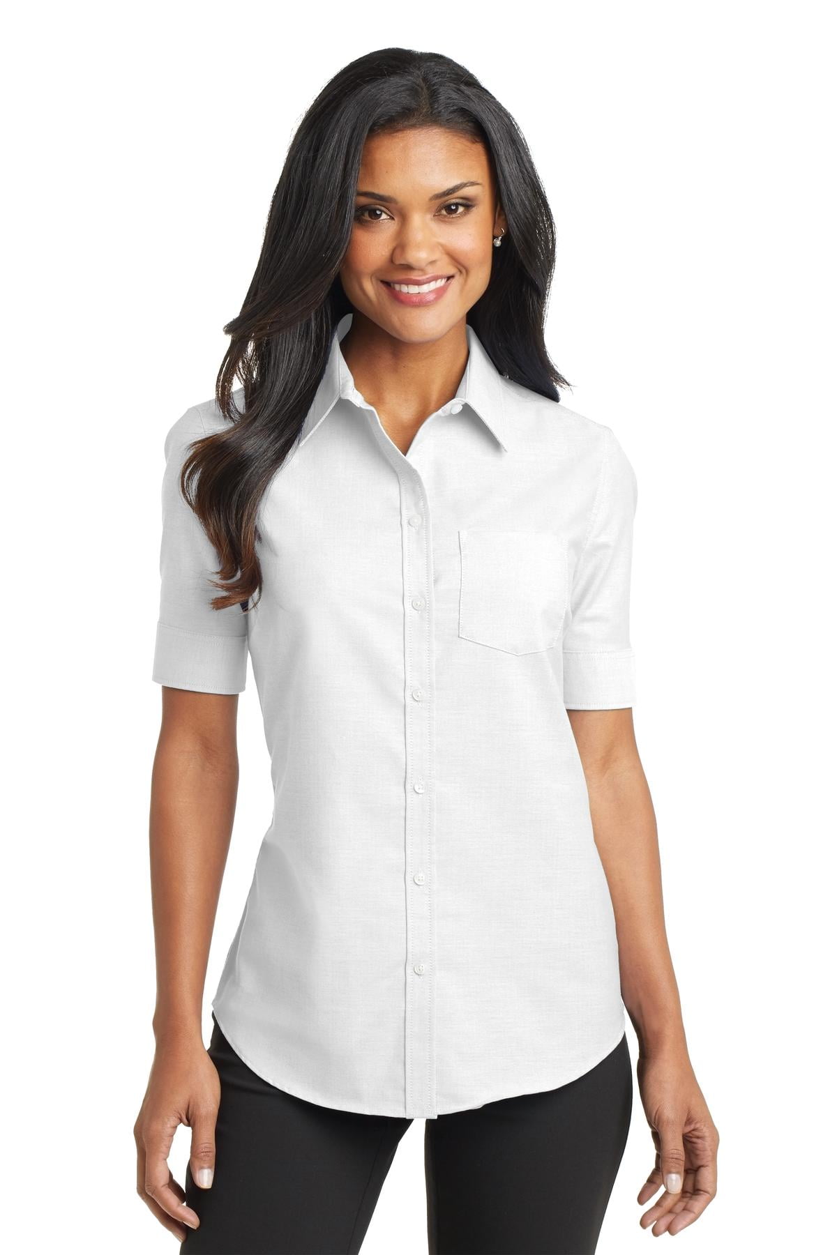 white collared short sleeve button up blouse