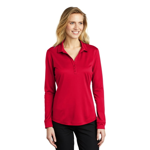 Port Authority Adult Female Women Y-neck Plain Long Sleeves Polo Red Medium