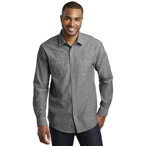 Port Authority Adult Male Men Chambray Long Sleeves Shirt Grey X-Large